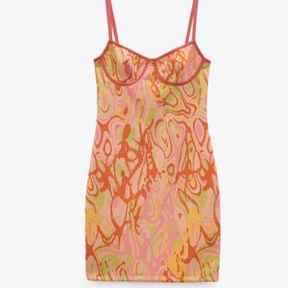 Zara Dresses & Skirts - ZARA Pink Orange Abstract Slip Mini Dress Y2K Psychedelic Bodycon Festival - M